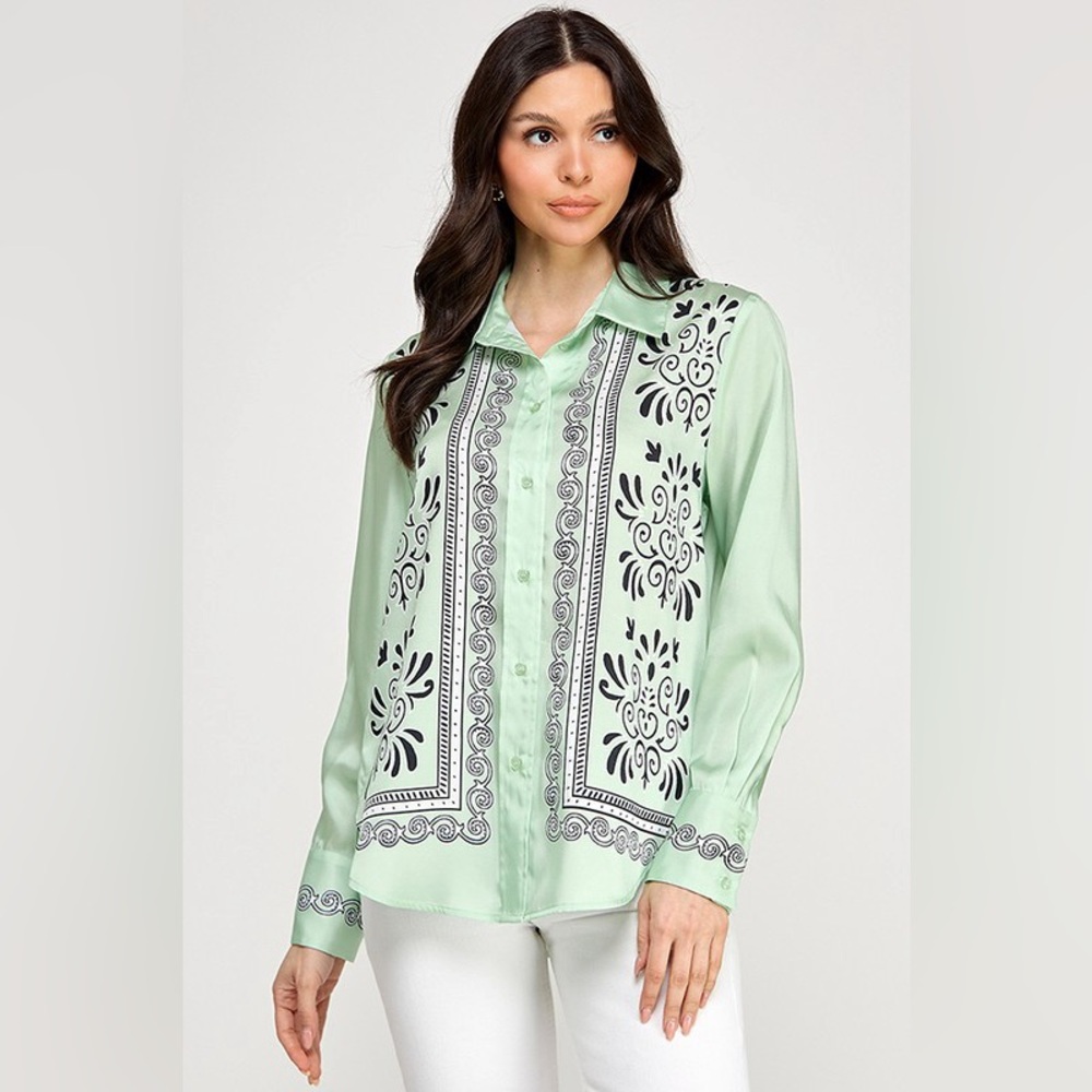 107. Milk & Honey Sage Green Patterned Blouse